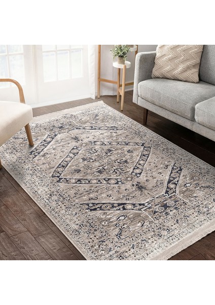 Krem Zeminde Vintage Motifli Hereke Desenli Avangarde Eskitme Motifli Dijital Baskılı Makinede Yıkanabilir Kaymaz Taban Saçaklı Halı fiyatları