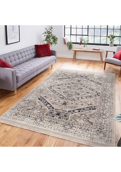 Krem Zeminde Vintage Motifli Hereke Desenli Avangarde Eskitme Motifli Dijital Baskılı Makinede Yıkanabilir Kaymaz Taban Saçaklı Halı indirimleri