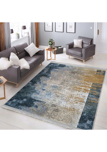 Mavi - Krem Zeminde Dokuma Halı Motifli Eskitme Desenli Eskitme Motifli Modern Dijital Baskılı Makinede Yıkanabilir Kaymaz Taban Saçaklı Halı modelleri