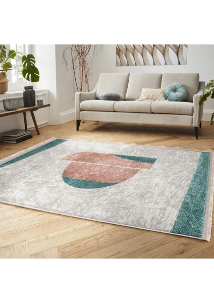 Turkuaz - Yavruağzı Zeminde Abstract Motifli Tablo Desenli Bohem Mutfak Banyo Dijital Baskılı Makinede Yıkanabilir Kaymaz Taban Saçaklı Halı fiyatları