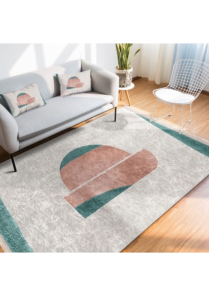 Turkuaz - Yavruağzı Zeminde Abstract Motifli Tablo Desenli Bohem Mutfak Banyo Dijital Baskılı Makinede Yıkanabilir Kaymaz Taban Saçaklı Halı modelleri