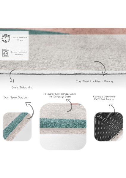 Turkuaz - Yavruağzı Zeminde Abstract Motifli Tablo Desenli Bohem Mutfak Banyo Dijital Baskılı Makinede Yıkanabilir Kaymaz Taban Saçaklı Halı fırsatları
