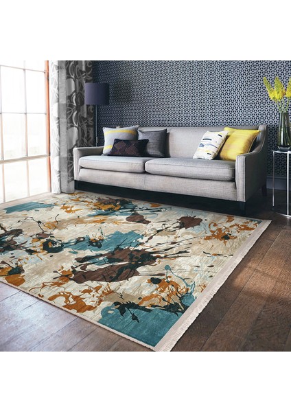 Rengarenk Zeminde Boya Motifli Modern Sanat Desenli Modern Klasik Salon & Oturma Odası Balkon Dijital Baskılı Makinede Yıkanabilir Kaymaz Taban Saçaklı Halı