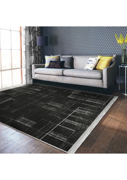 Siyah - Beyaz Zeminde Siyah Motifli Kilim Desenli Klasik Dijital Baskılı Makinede Yıkanabilir Kaymaz Taban Saçaklı Halı
