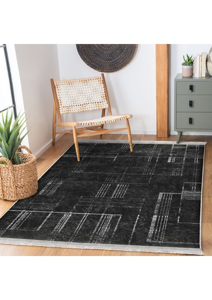 Siyah - Beyaz Zeminde Siyah Motifli Kilim Desenli Klasik Dijital Baskılı Makinede Yıkanabilir Kaymaz Taban Saçaklı Halı fiyatları