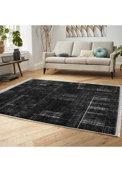 Siyah - Beyaz Zeminde Siyah Motifli Kilim Desenli Klasik Dijital Baskılı Makinede Yıkanabilir Kaymaz Taban Saçaklı Halı modelleri