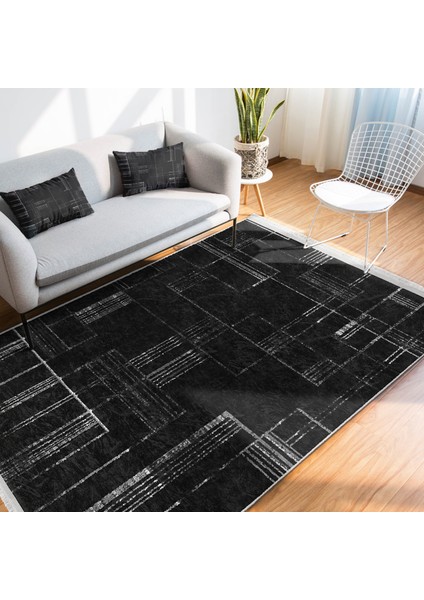 Siyah - Beyaz Zeminde Siyah Motifli Kilim Desenli Klasik Dijital Baskılı Makinede Yıkanabilir Kaymaz Taban Saçaklı Halı indirimleri