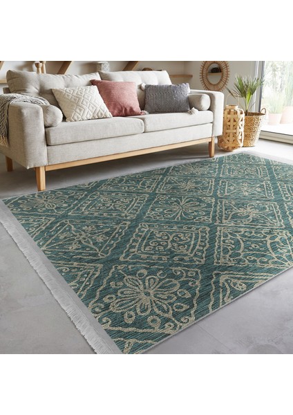 Haki Zeminde Örgü Motifli Antika Desenli Vintage Geometrik Dijital Baskılı Makinede Yıkanabilir Kaymaz Taban Saçaklı Halı