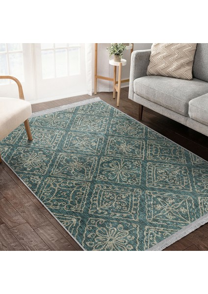 Haki Zeminde Örgü Motifli Antika Desenli Vintage Geometrik Dijital Baskılı Makinede Yıkanabilir Kaymaz Taban Saçaklı Halı