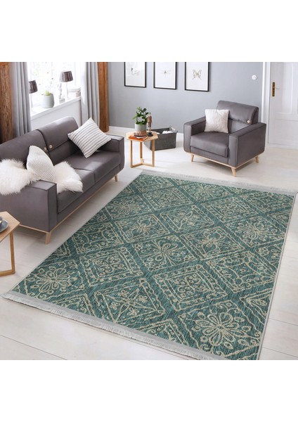 Haki Zeminde Örgü Motifli Antika Desenli Vintage Geometrik Dijital Baskılı Makinede Yıkanabilir Kaymaz Taban Saçaklı Halı