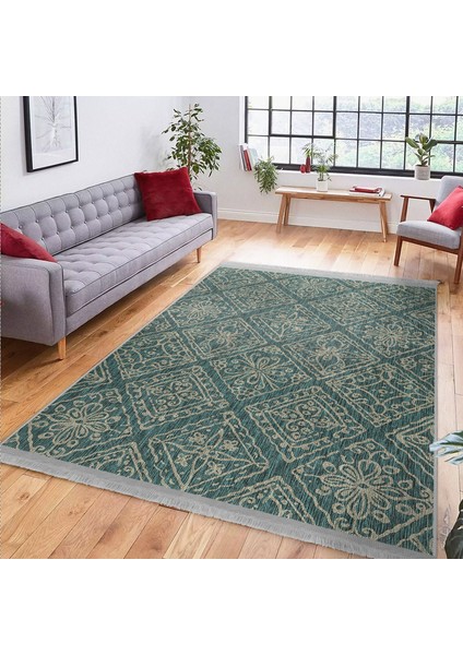 Haki Zeminde Örgü Motifli Antika Desenli Vintage Geometrik Dijital Baskılı Makinede Yıkanabilir Kaymaz Taban Saçaklı Halı