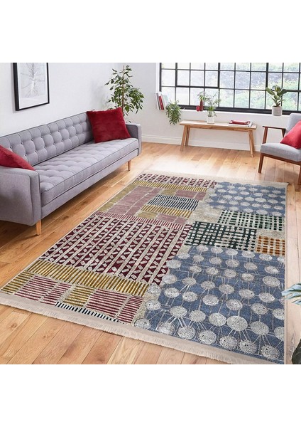 Krem Zeminde Geometrik Motifli Boya Desenli Klasik Vintage Dijital Baskılı Makinede Yıkanabilir Kaymaz Taban Saçaklı Halı fiyatları