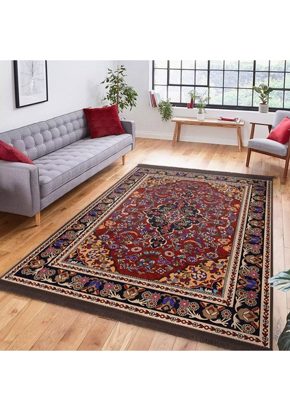 Kırmızı Zeminde Etnik Motifli Osmanlı Desenli Avangarde Klasik Salon & Oturma Odası Yatak Odası Dijital Baskılı Makinede Yıkanabilir Kaymaz Taban Saçaklı Halı fiyatları