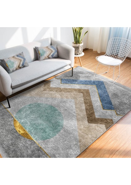 Gri Zeminde Geometrik Motifli Zikzak Desenli Geometrik Dijital Baskılı Makinede Yıkanabilir Kaymaz Taban Saçaklı Halı modelleri