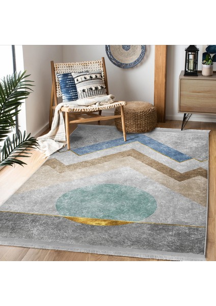 Gri Zeminde Geometrik Motifli Zikzak Desenli Geometrik Dijital Baskılı Makinede Yıkanabilir Kaymaz Taban Saçaklı Halı indirimleri