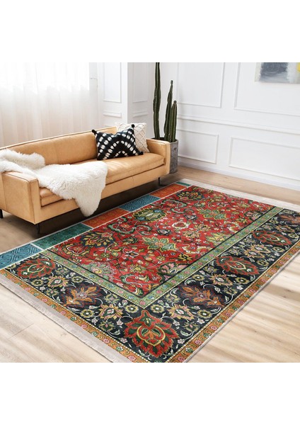 Antika Zeminde Etnik Motifli Kilim Desenli Etnik Motifler Avangarde Dijital Baskılı Makinede Yıkanabilir Kaymaz Taban Saçaklı Halı modelleri
