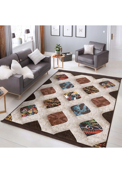 Krem - Kahverengi Zeminde Etnik Motifli Geometrik Desenli Geometrik Klasik Dijital Baskılı Makinede Yıkanabilir Kaymaz Taban Saçaklı Halı fiyatları