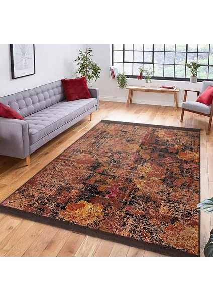 Kremit Zeminde Antik Motifli Çiçek Desenli Eskitme Motifli Vintage Dijital Baskılı Makinede Yıkanabilir Kaymaz Taban Saçaklı Halı