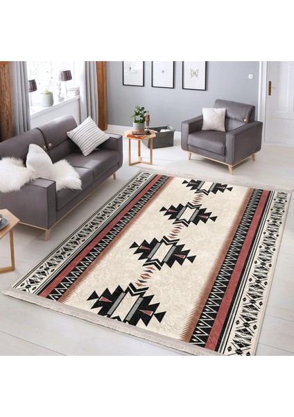 Ekru Zeminde Vintage Motifli Geleneksel Desenli Geometrik Etnik Motifler Dijital Baskılı Makinede Yıkanabilir Kaymaz Taban Saçaklı Halı