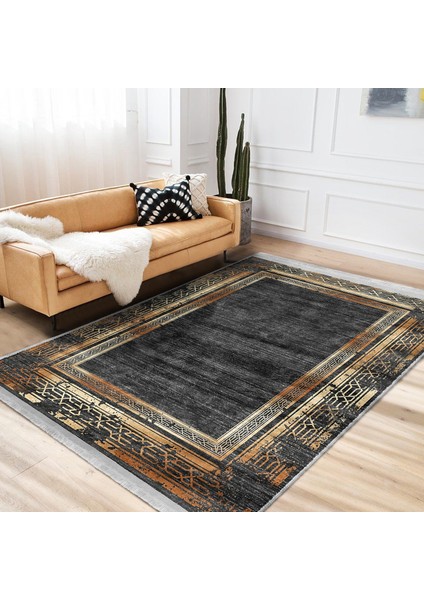 Siyah - Gold Zeminde Çerçeveli Motifli Eskitme Desenli Eskitme Motifli Vintage Ofis Salon & Oturma Odası Dijital Baskılı Makinede Yıkanabilir Kaymaz Taban Saçaklı Halı fiyatları