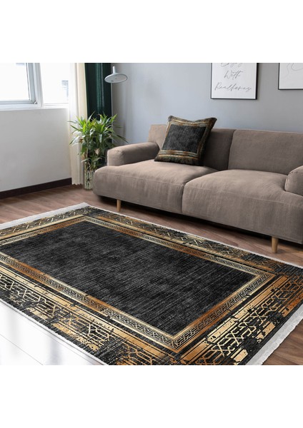 Siyah - Gold Zeminde Çerçeveli Motifli Eskitme Desenli Eskitme Motifli Vintage Ofis Salon & Oturma Odası Dijital Baskılı Makinede Yıkanabilir Kaymaz Taban Saçaklı Halı modelleri
