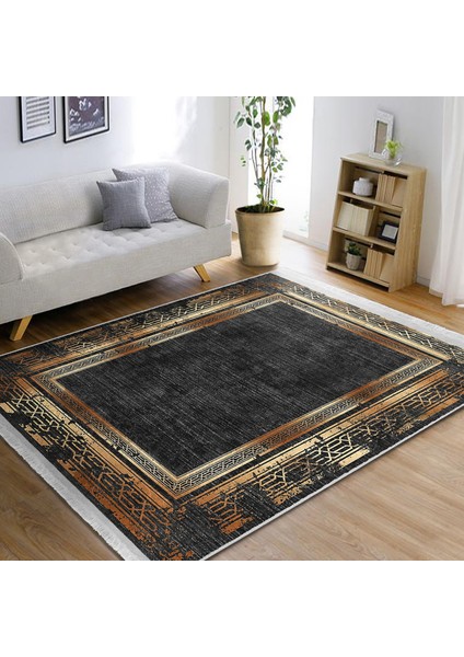 Siyah - Gold Zeminde Çerçeveli Motifli Eskitme Desenli Eskitme Motifli Vintage Ofis Salon & Oturma Odası Dijital Baskılı Makinede Yıkanabilir Kaymaz Taban Saçaklı Halı indirimleri