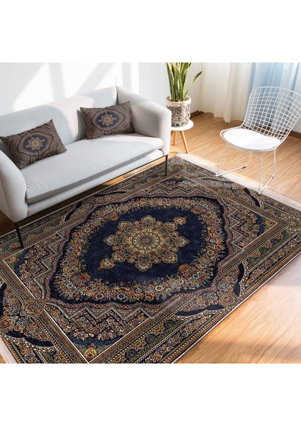 Lacivert Zeminde Osmanlı Motifli Kilim Desenli Eskitme Motifli Vintage Dijital Baskılı Makinede Yıkanabilir Kaymaz Taban Saçaklı Halı