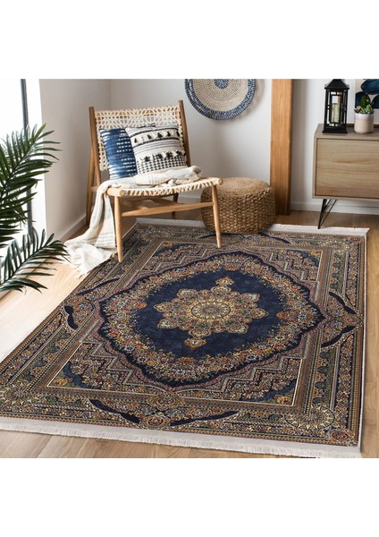 Lacivert Zeminde Osmanlı Motifli Kilim Desenli Eskitme Motifli Vintage Dijital Baskılı Makinede Yıkanabilir Kaymaz Taban Saçaklı Halı fiyatları