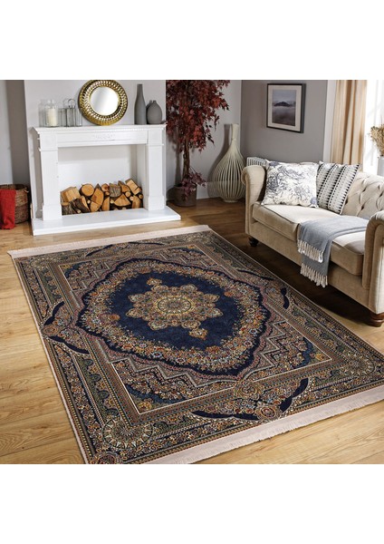 Lacivert Zeminde Osmanlı Motifli Kilim Desenli Eskitme Motifli Vintage Dijital Baskılı Makinede Yıkanabilir Kaymaz Taban Saçaklı Halı modelleri