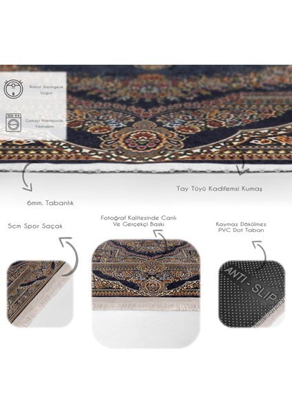 Lacivert Zeminde Osmanlı Motifli Kilim Desenli Eskitme Motifli Vintage Dijital Baskılı Makinede Yıkanabilir Kaymaz Taban Saçaklı Halı fırsatları