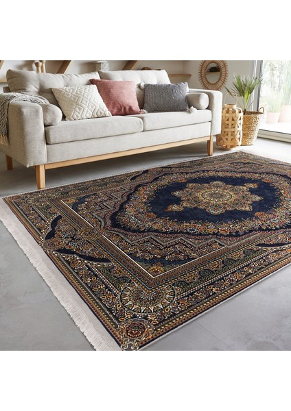 Lacivert Zeminde Osmanlı Motifli Kilim Desenli Eskitme Motifli Vintage Dijital Baskılı Makinede Yıkanabilir Kaymaz Taban Saçaklı Halı indirimleri
