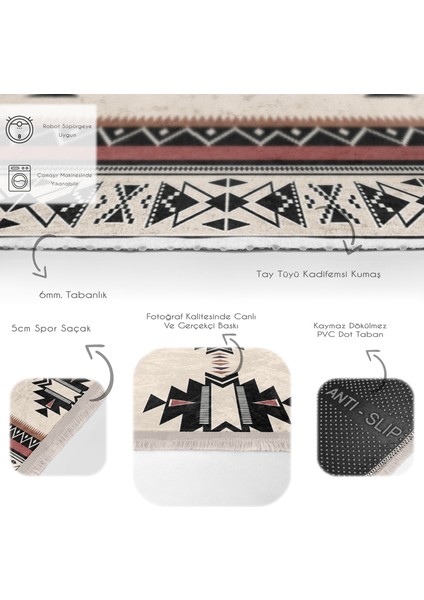 Ekru Zeminde Vintage Motifli Geleneksel Desenli Geometrik Etnik Motifler Dijital Baskılı Makinede Yıkanabilir Kaymaz Taban Saçaklı Halı fırsatları