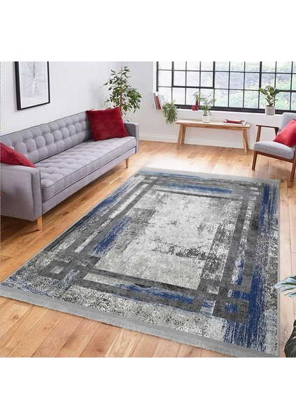Mavi - Gri Zeminde Çerçeveli Motifli Eskitme Desenli Vintage Eskitme Motifli Dijital Baskılı Makinede Yıkanabilir Kaymaz Taban Saçaklı Halı