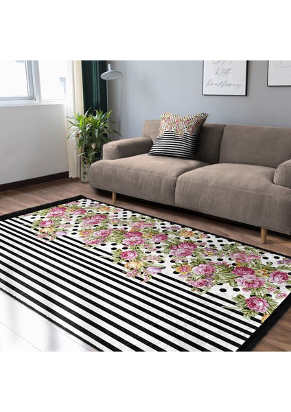 Siyah - Pembe Zeminde Geometrik Motifli Çiçek Desenli Geometrik Floral Dijital Baskılı Makinede Yıkanabilir Kaymaz Taban Saçaklı Halı