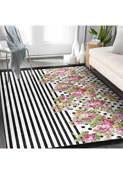 Siyah - Pembe Zeminde Geometrik Motifli Çiçek Desenli Geometrik Floral Dijital Baskılı Makinede Yıkanabilir Kaymaz Taban Saçaklı Halı modelleri