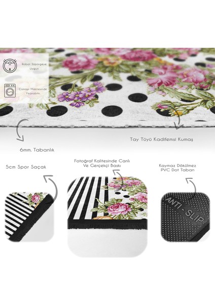 Siyah - Pembe Zeminde Geometrik Motifli Çiçek Desenli Geometrik Floral Dijital Baskılı Makinede Yıkanabilir Kaymaz Taban Saçaklı Halı fırsatları