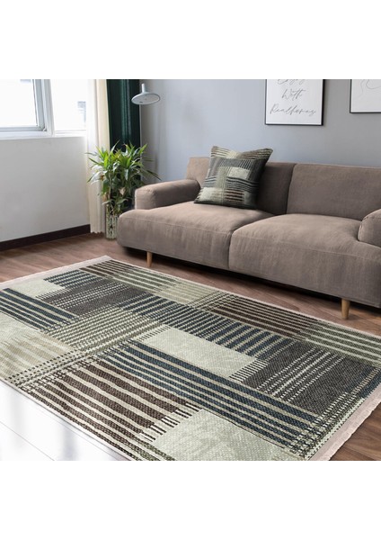 Kahverengi - Krem Zeminde Patchwork Motifli Örme Desenli Klasik Dijital Baskılı Makinede Yıkanabilir Kaymaz Taban Saçaklı Halı fiyatları