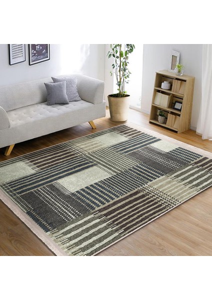 Kahverengi - Krem Zeminde Patchwork Motifli Örme Desenli Klasik Dijital Baskılı Makinede Yıkanabilir Kaymaz Taban Saçaklı Halı modelleri