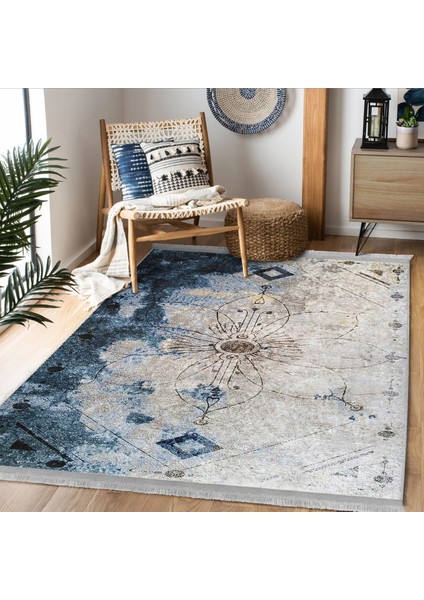Mavi - Krem Zeminde Dokuma Halı Motifli Çiçek Desenli Floral Eskitme Motifli Dijital Baskılı Makinede Yıkanabilir Kaymaz Taban Saçaklı Halı