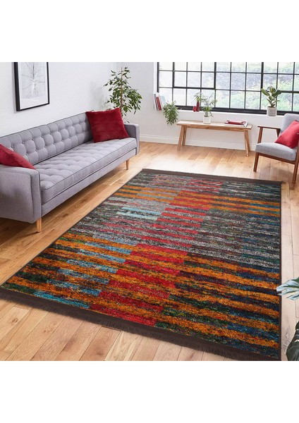 Kırmızı - Turuncu Zeminde Patchwork Motifli Kilim Desenli Vintage Klasik Dijital Baskılı Makinede Yıkanabilir Kaymaz Taban Saçaklı Halı