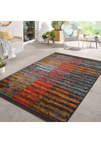 Kırmızı - Turuncu Zeminde Patchwork Motifli Kilim Desenli Vintage Klasik Dijital Baskılı Makinede Yıkanabilir Kaymaz Taban Saçaklı Halı