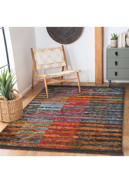 Kırmızı - Turuncu Zeminde Patchwork Motifli Kilim Desenli Vintage Klasik Dijital Baskılı Makinede Yıkanabilir Kaymaz Taban Saçaklı Halı