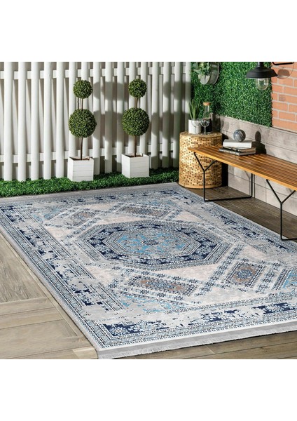 Mavi Zeminde Dokuma Halı Motifli Geleneksel Desenli Vintage Eskitme Motifli Dijital Baskılı Makinede Yıkanabilir Kaymaz Taban Saçaklı Halı modelleri