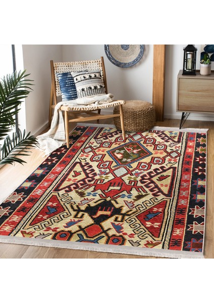 Kırmızı Zeminde Türkmen Motifli Kilim Desenli Avangarde Vintage Dijital Baskılı Makinede Yıkanabilir Kaymaz Taban Saçaklı Halı