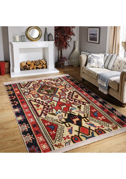 Kırmızı Zeminde Türkmen Motifli Kilim Desenli Avangarde Vintage Dijital Baskılı Makinede Yıkanabilir Kaymaz Taban Saçaklı Halı fiyatları