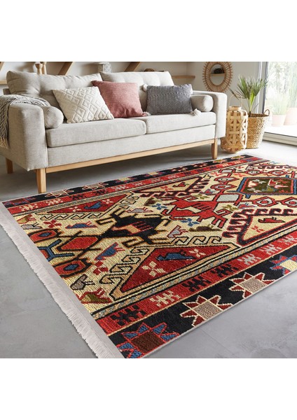 Kırmızı Zeminde Türkmen Motifli Kilim Desenli Avangarde Vintage Dijital Baskılı Makinede Yıkanabilir Kaymaz Taban Saçaklı Halı modelleri