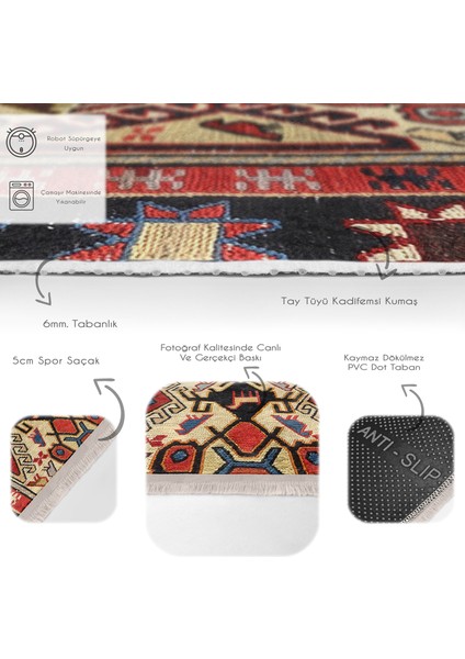 Kırmızı Zeminde Türkmen Motifli Kilim Desenli Avangarde Vintage Dijital Baskılı Makinede Yıkanabilir Kaymaz Taban Saçaklı Halı fırsatları