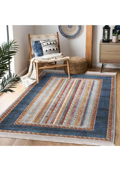 Mavi Zeminde Kilim Motifli Dokuma Desenli Etnik Motifler Avangarde Dijital Baskılı Makinede Yıkanabilir Kaymaz Taban Saçaklı Halı