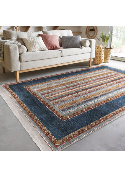 Mavi Zeminde Kilim Motifli Dokuma Desenli Etnik Motifler Avangarde Dijital Baskılı Makinede Yıkanabilir Kaymaz Taban Saçaklı Halı modelleri