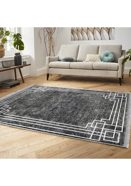 Füme Zeminde Çerçeveli Motifli Duvar Desenli Geometrik Eskitme Motifli Salon & Oturma Odası Dış Mekan & Outdoor Dijital Baskılı Makinede Yıkanabilir Kaymaz Taban Saçaklı Halı